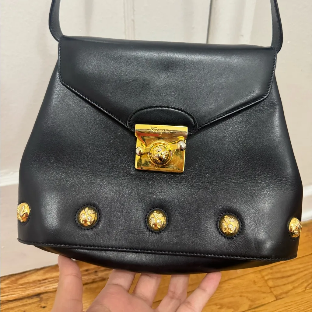 Salvatore Ferragamo Shoulder Bag 5639 Black And Gold Stud Vintage Purse - Image 14