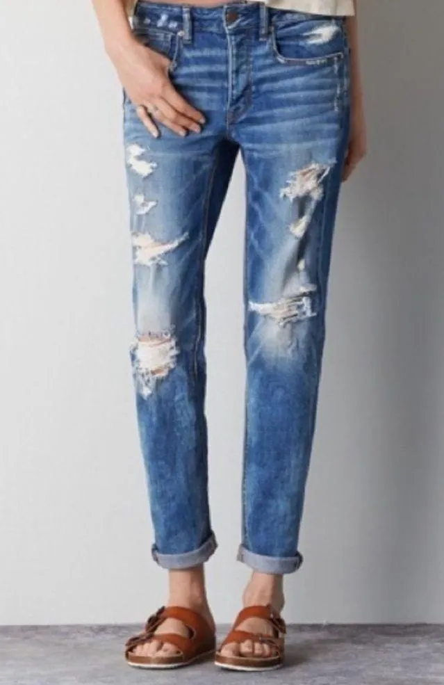 American Eagle Tomgirl Distressed Jeans Dark Wash Sz 0 Relaxed Straight Boho - Image 4