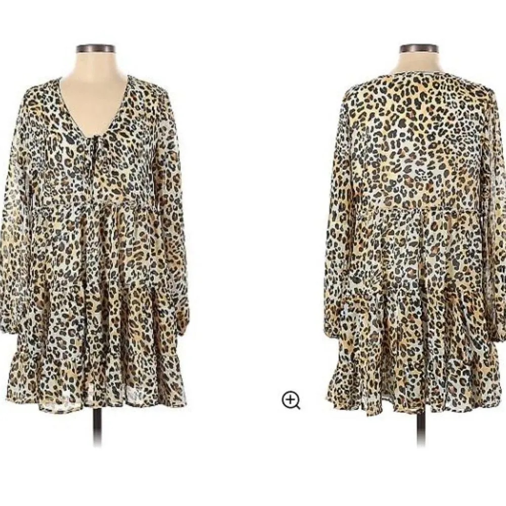 NWT Altar'd State Leopard Print Long Sleeve Flowy Tiered Mini Dress Size S - Image 2