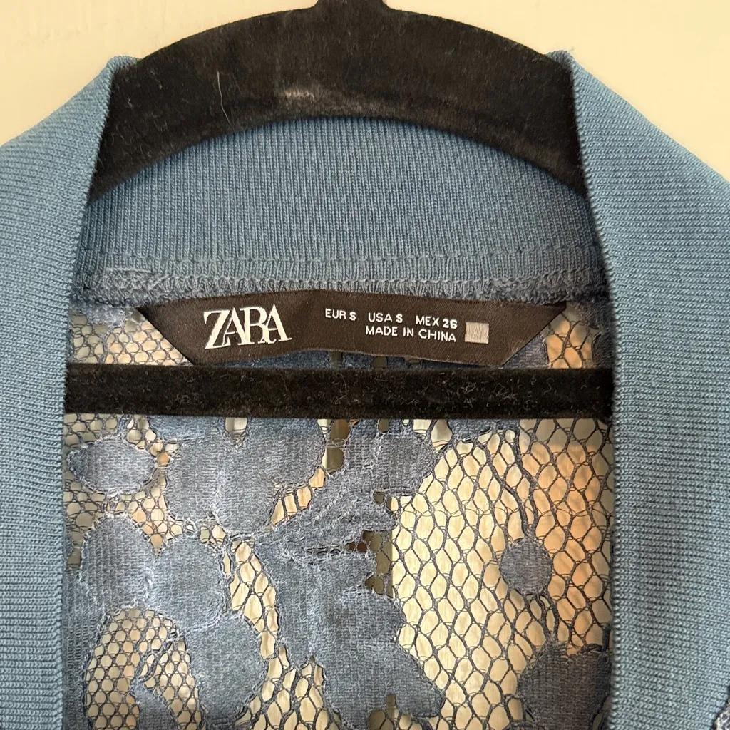 Zara Lace Bomber Jacket -‎ Dusty Blue, Size Small - Image 2