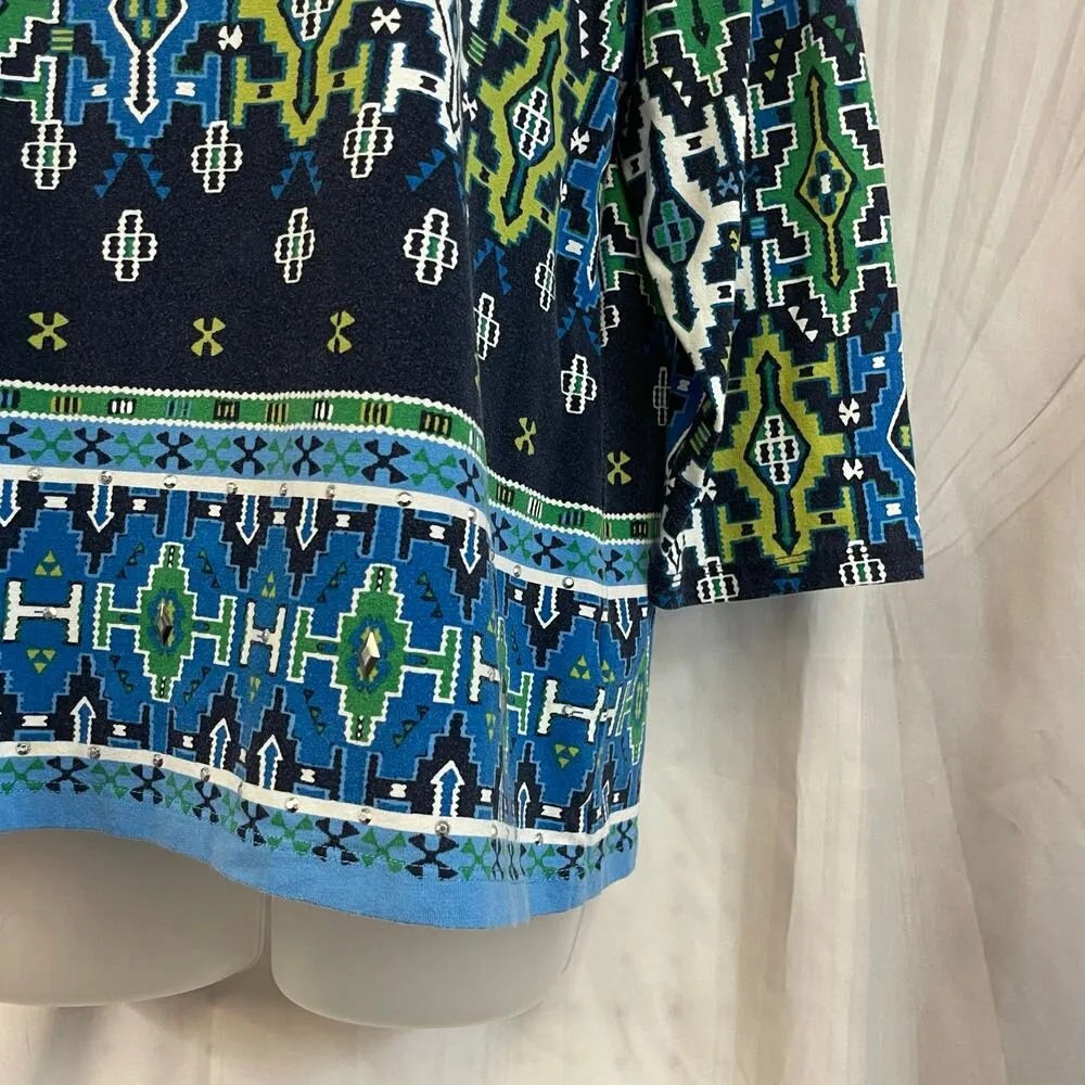 Ruby Rd. XL Aztec Geometric Print Top Blue Green Black Studded Neckline Stretch - Image 3
