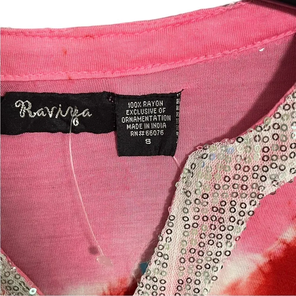 Raviya Swim Coverup Womens Small Red Pink Tie Dyed Sequin Neck Lower Sleeve New - Image 4
