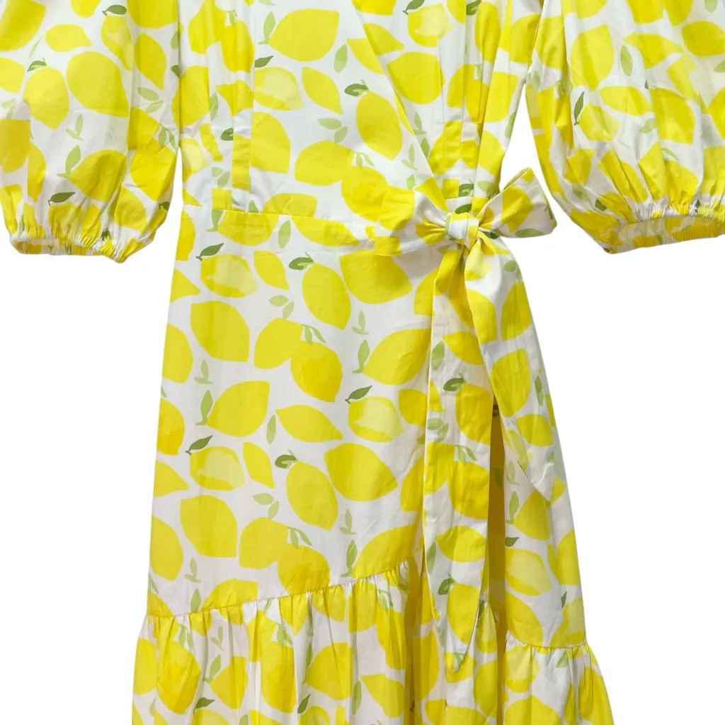 Hutch Lemon Print Puff Sleeve Wrap Midi Dress Yellow White Cotton Size Mecium - Image 9