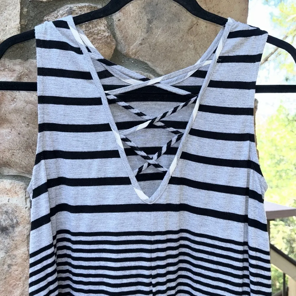 Sleeveless Swing Shift Dress Sundress Size M Gray Black White Stripes - Image 4