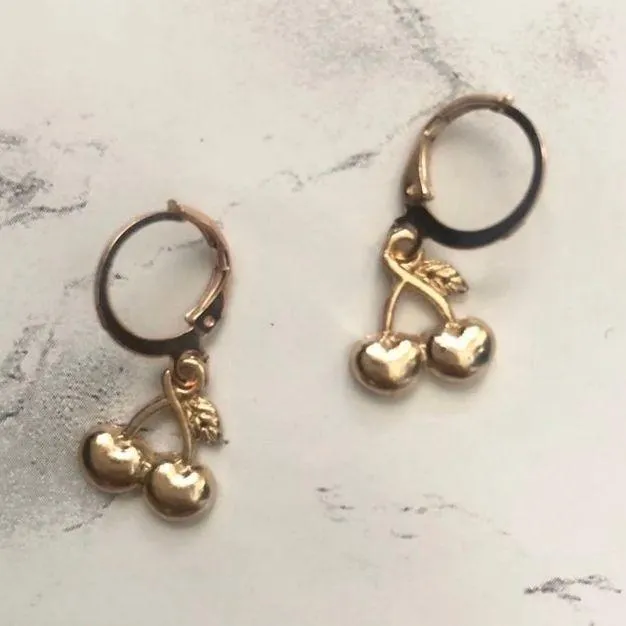 Dainty Dangle Cherries Hoop Drop Earrings Gold - Image 2