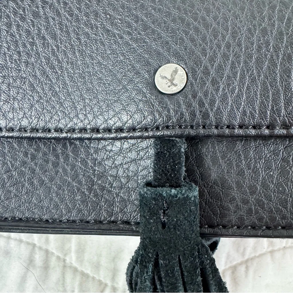 American Eagle Boho Faux Leather Crossbody Saddle Bag Purse Tassel Fringe Black - Image 4