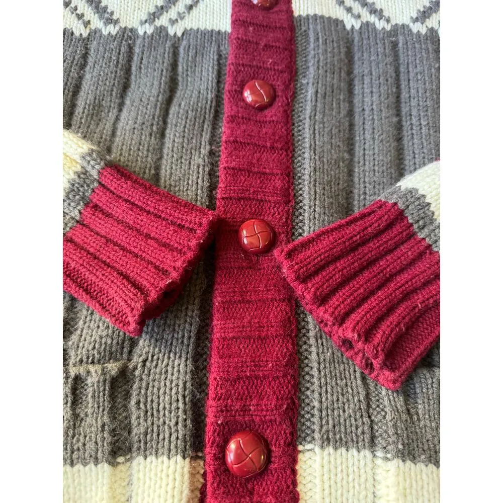 Vintage Retro Sigallo Knit Cardigan big collar, Gray, Maroon & Cream size medium Gray - Image 4