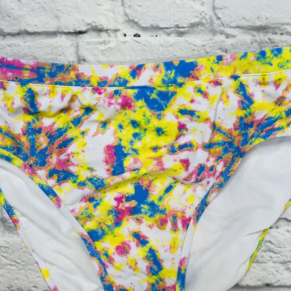 Jessica Simpson High Waist Bikini Bottoms White Tie Dye Size L New Pink Blue - Image 3