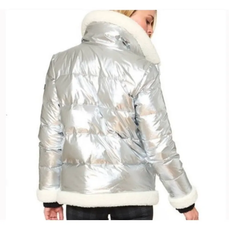 Sanctuary Silver Shine Down Puffer Jacket Cream Shearling Collar Trim Sz Small - Image 2