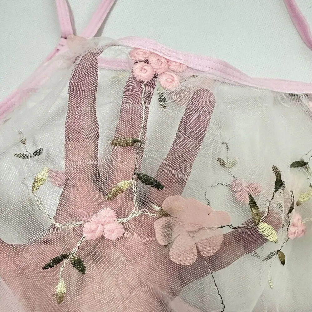 Coquette Bralette Top Lace Sheer Mesh Pink Embroidered Sexy Babydoll Lingerie L - Image 3