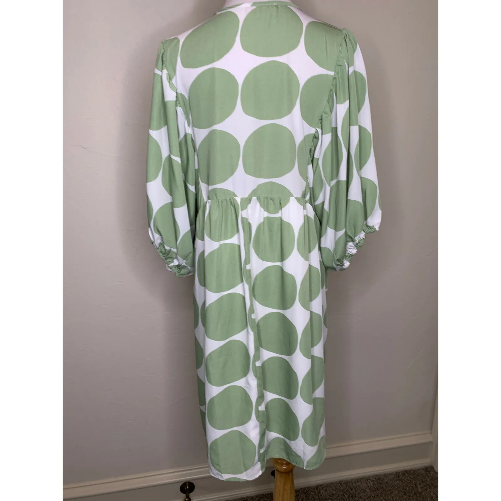 Ces Femme Sage Green Polka Dot Babydoll Dress Sz Large Boho - Image 2