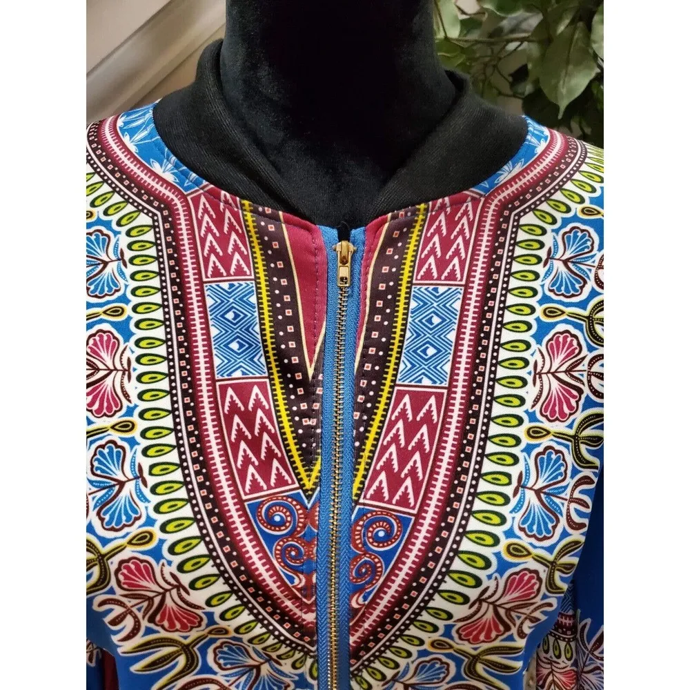 African Print Multicolor Dashiki Long Sleeve Full Zip Bomber Jacket XL - Image 3