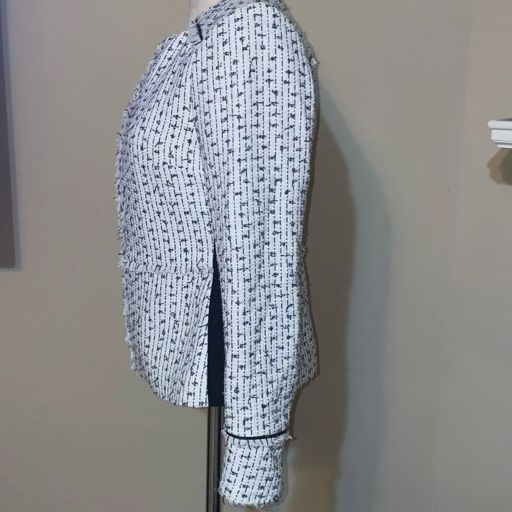 Paris White Fringe-Trimmed Tweed Zip Up Jacket Size Small - Image 6