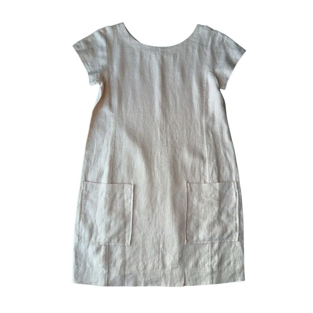 Eileen Fisher 100% Organic Linen Bateau Neck Short Sleeve Patch Pocket Shift Dre - Image 5