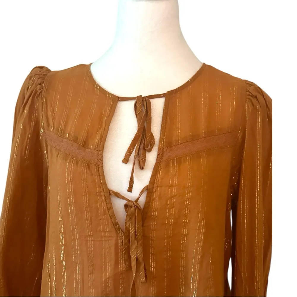 a.n.a Brown Long Sleeve Tie Front Blouse small - Image 2