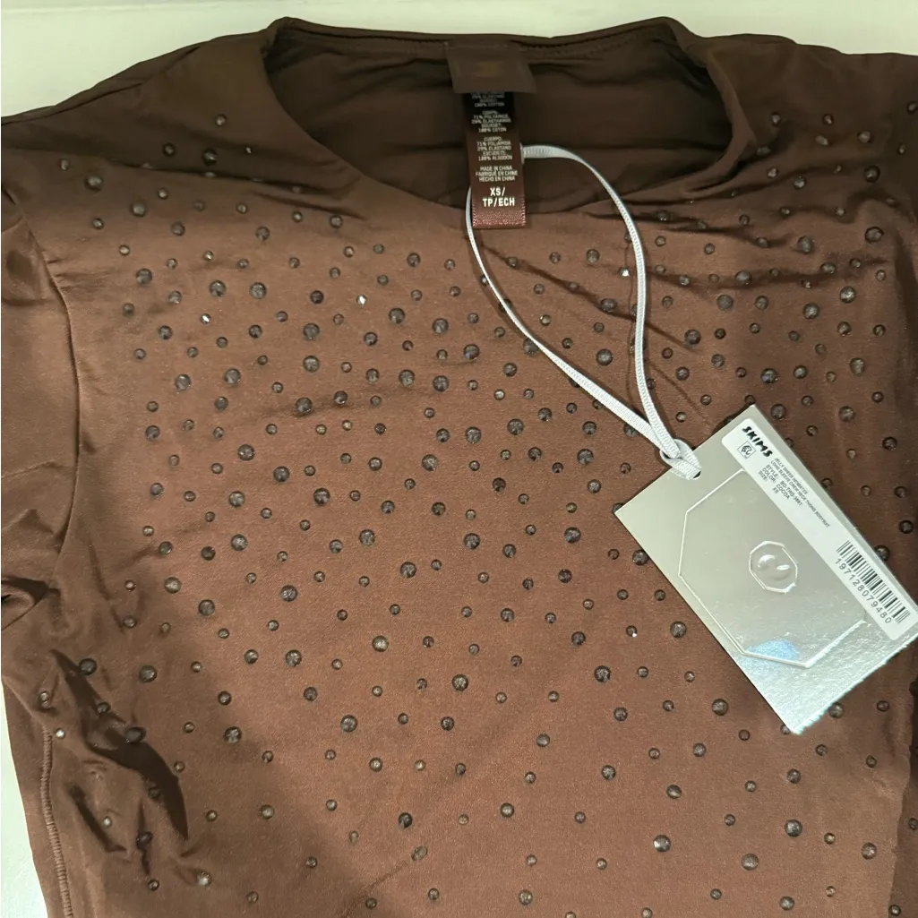SKIMS x Swarovski Jelly Sheer Crystal Long Sleeve Crewneck Bodysuit XS Cocoa NEW - Image 6