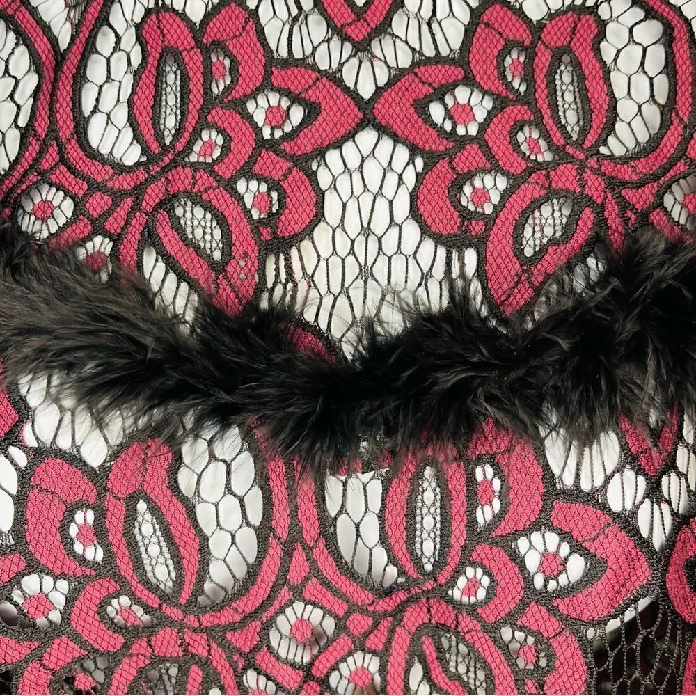 Dance & Marvel Lace Mockneck Open Back Feather Trim Blouse Maroon Black M - Image 4