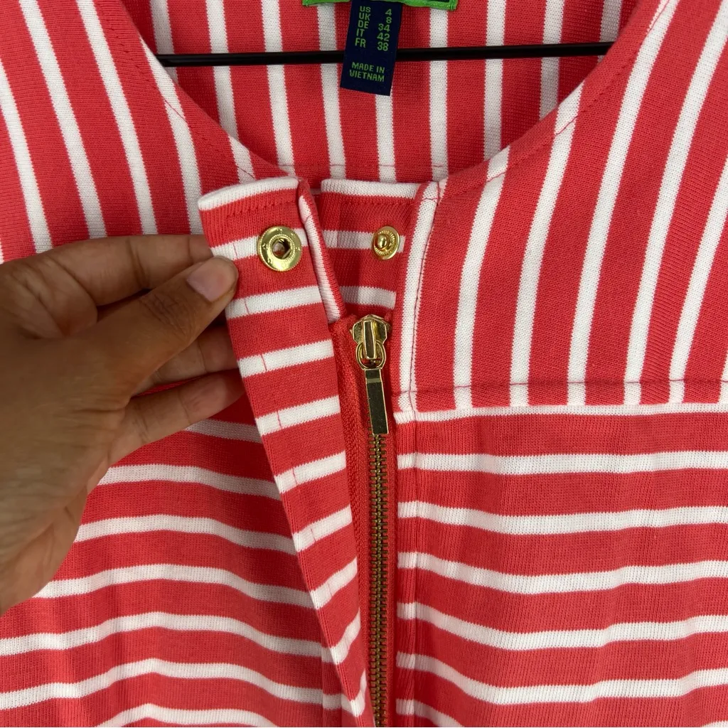 C Wonder Coral & White Striped Zip Front 3/4 Sleeve Collarless Round Neck Jacket - Image 5