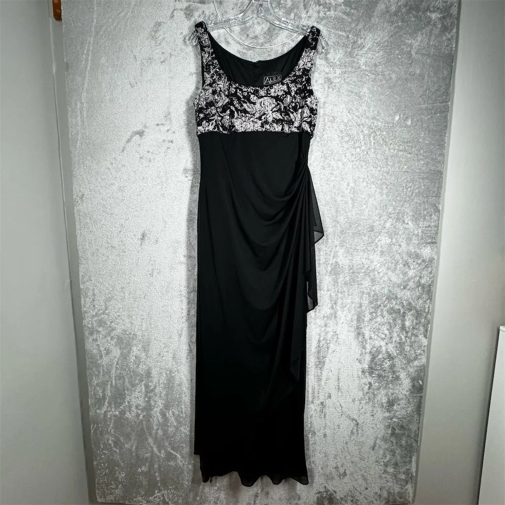 Alex Evenings Dress Womens 12 Black‎ Silver Floral Gown Formal Party Wedding - Image 2