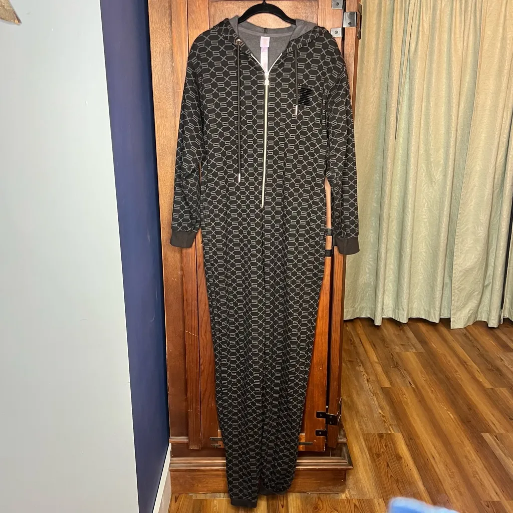 Savage X Fenty Hooded Onesie Black Caviar Monogram Zip Loungewear Jumpsuit S - Image 4