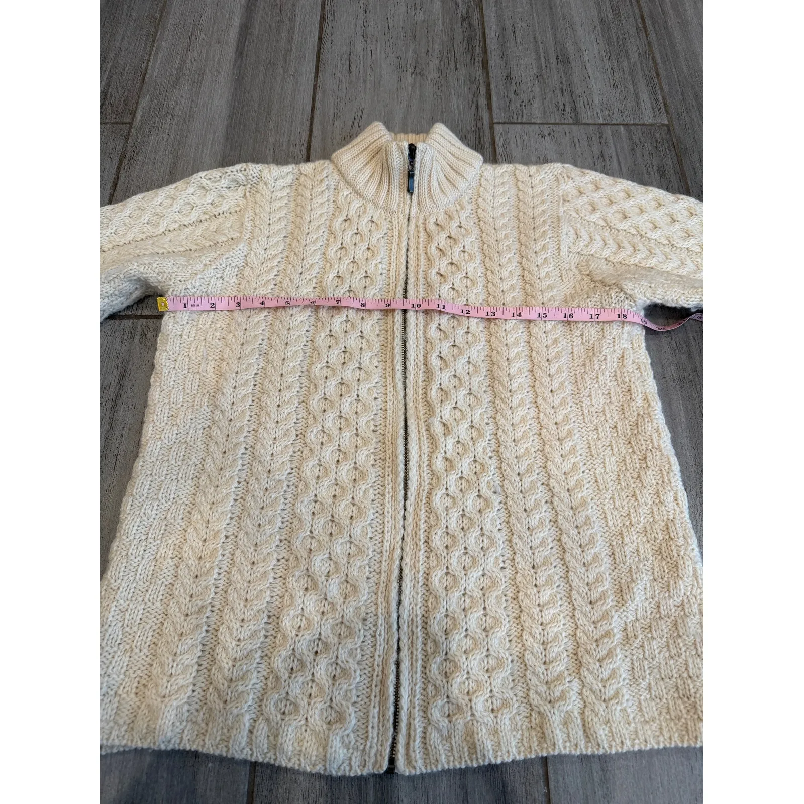 Inis Crafts Fishermens Sweater Womens Medium Cream Cable Knit Merino Wool Zip Tan - Image 7