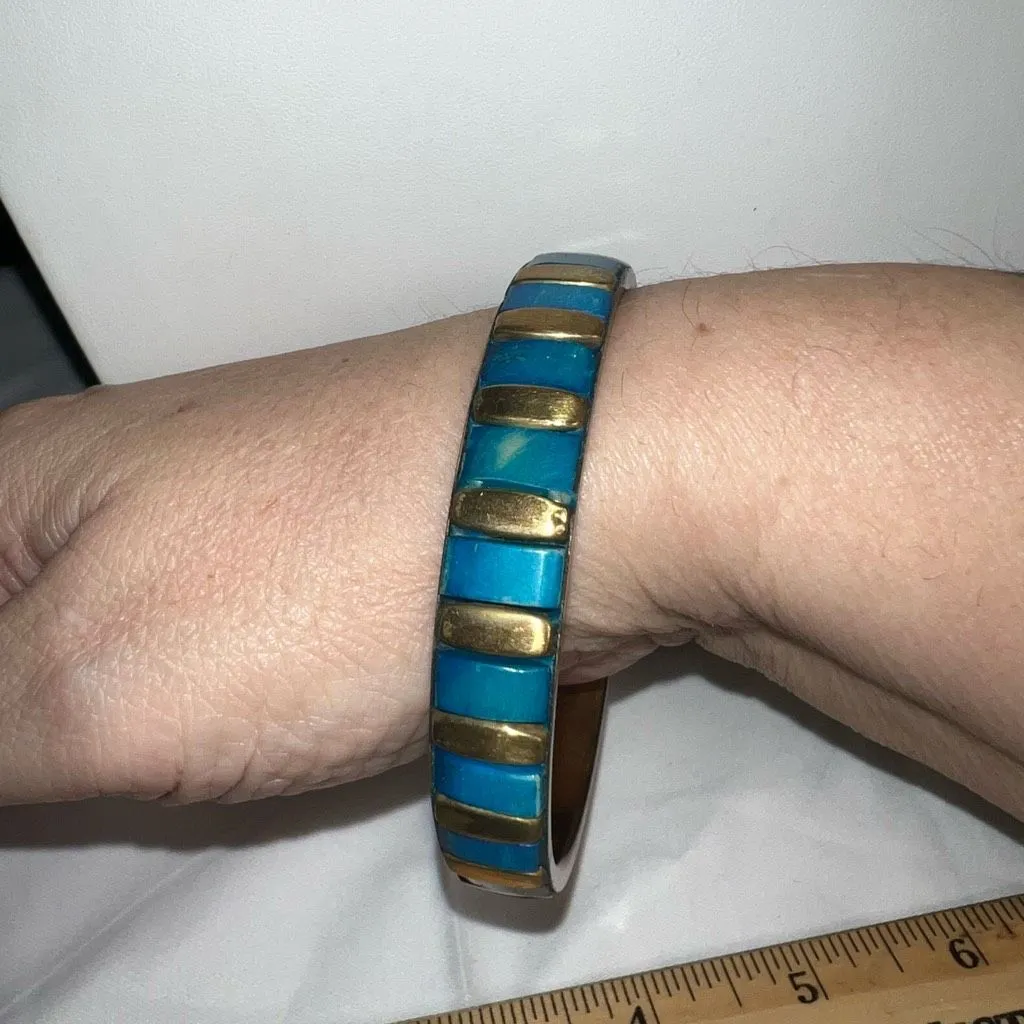 Vintage Brass and Blue Enameled Bangle‎ Bracelet - Image 5