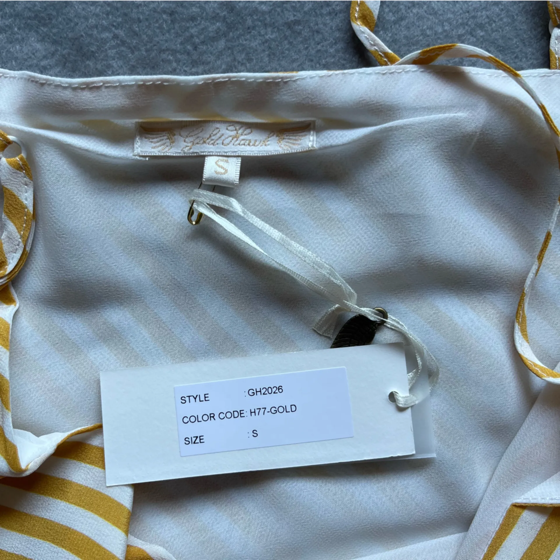 Gold Hawk 100% Silk Cami Gold & White Stripe Tie Waist Front Small Boho Coquette Yellow - Image 6