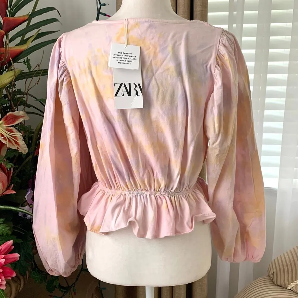 Zara Tie Dye Balloon Sleeve Crop Peplum Blouse in Pink Multi - Image 9