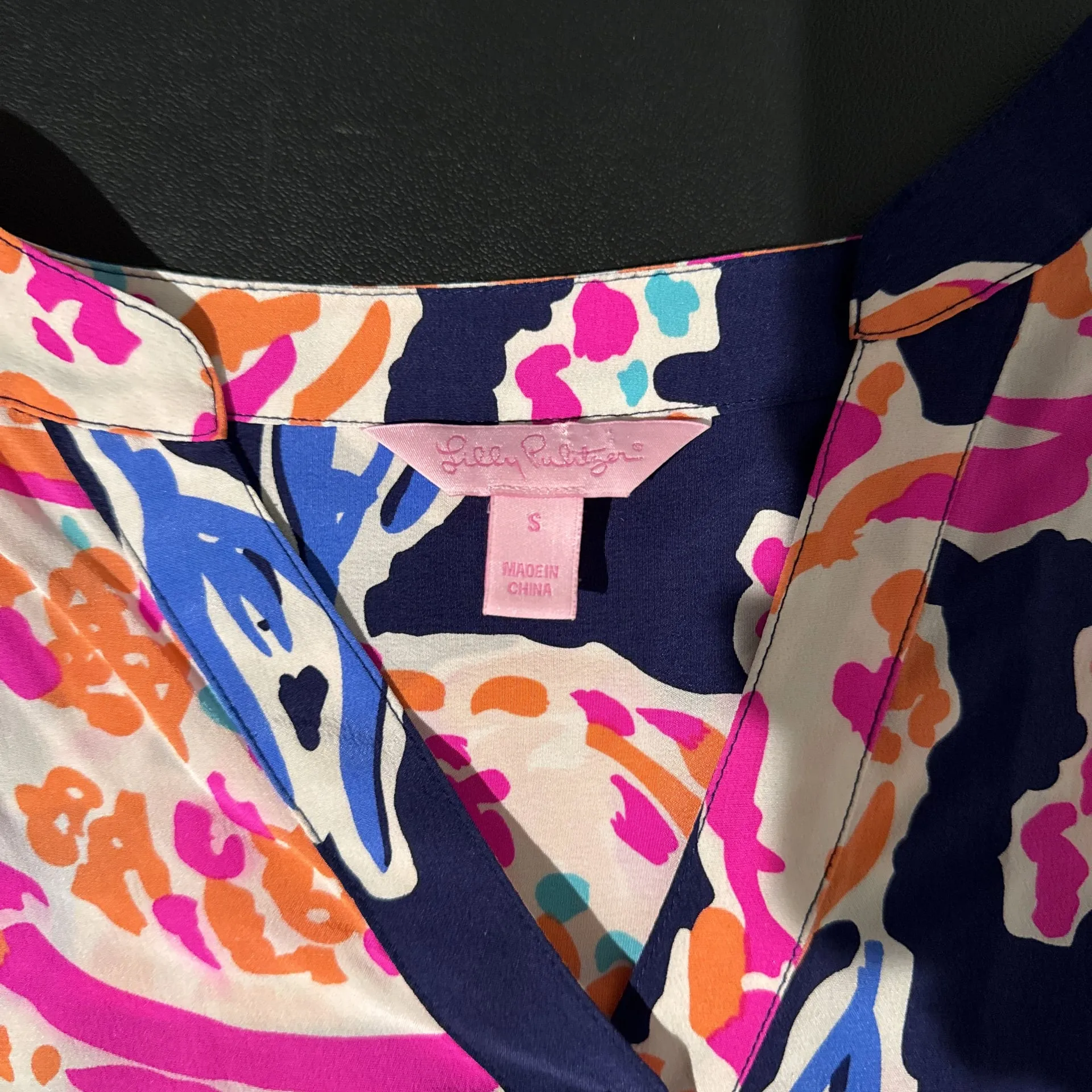 Lilly‎ Pulitzer Alexandra Silk Top In Bright Navy Pink Orange Poms - Image 2