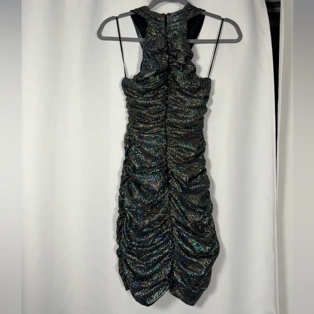 Zara Black Rainbow Metallic Cross Neck Halter Ruched Mini Dress XS - Image 7