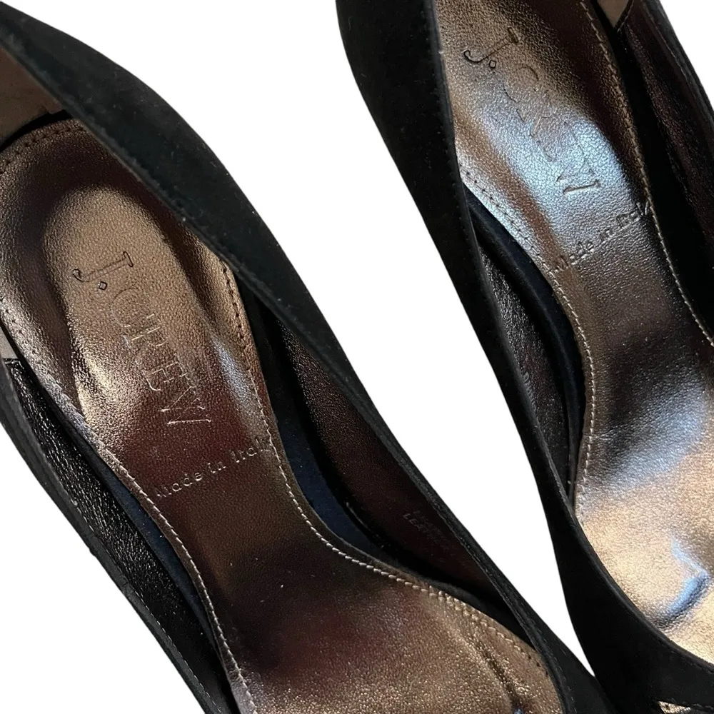 NWOT, J. Crew Black Suede Satin Bow Peep Toe Heels, Sz 7.5 - Image 14