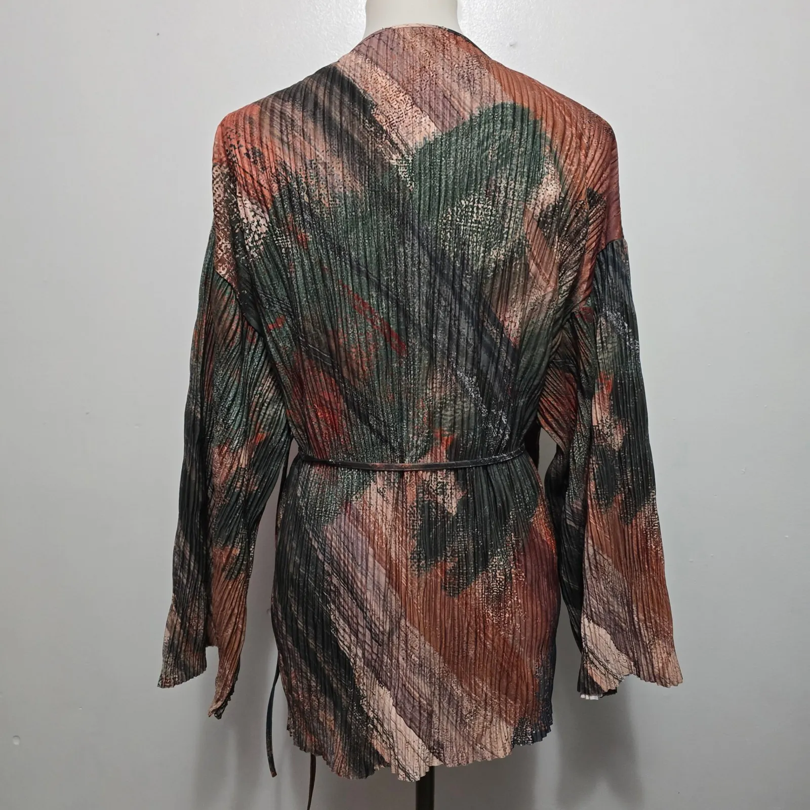 ZARA Green & Orange Abstract Print Plisse Pleated Wrap Blouse Top Women Size S - Image 5