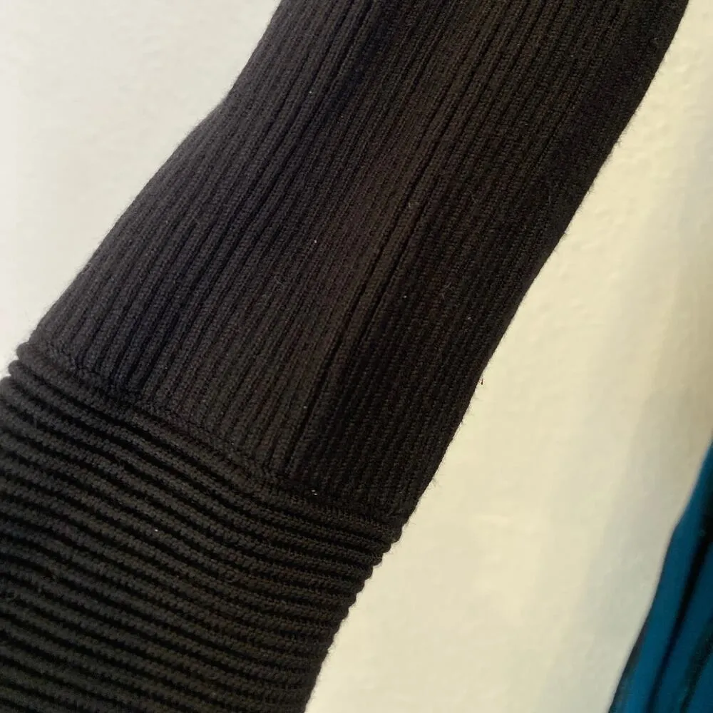 Yumi Black Metallic Blue Tea Length Knit Sweater Dress Stretchy Sz M Pleated Size M - Image 4