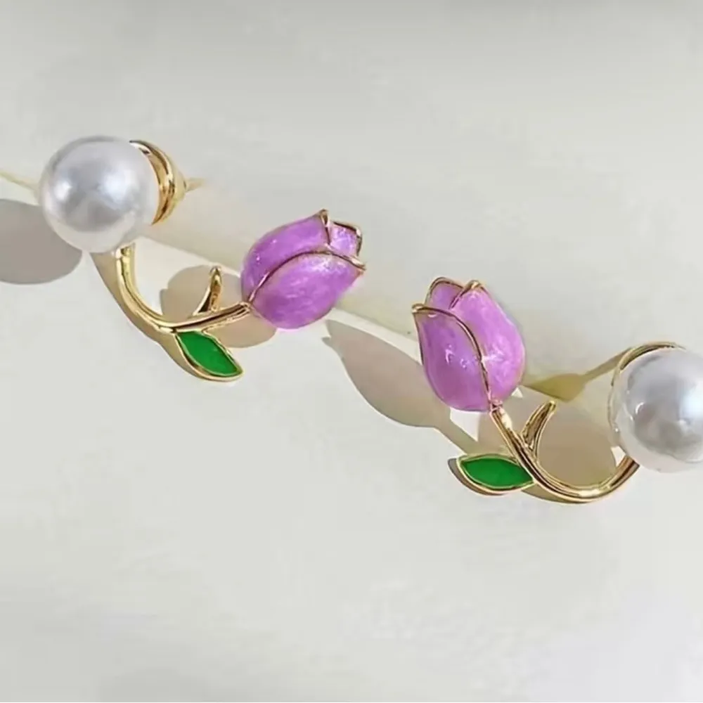 Trendy Elegant Purple Tulip Flower Pearl Stud Earrings, Women's‎ Stud Earrings Gold - Image 3