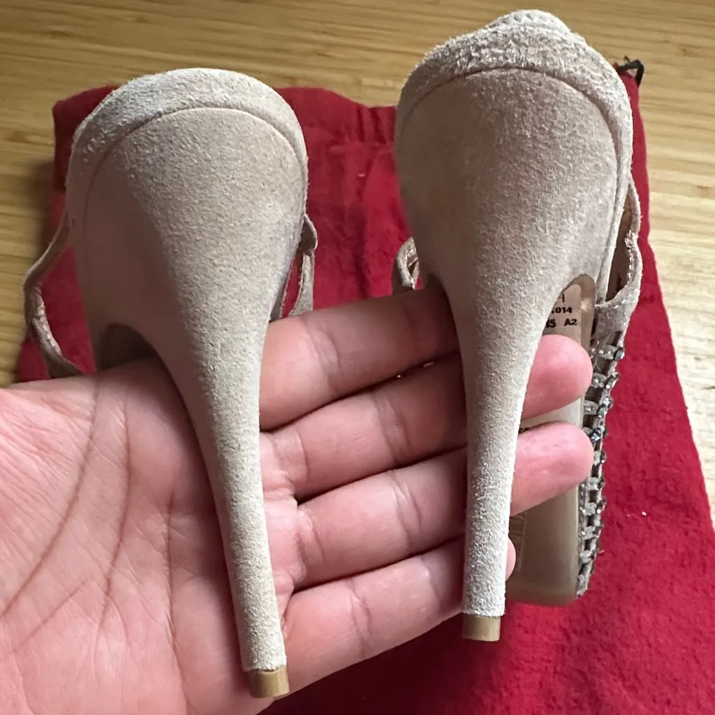 Valentino Beige Crystal Embellished Suede and Mesh Peep Toe Slingback Pumps - Image 3