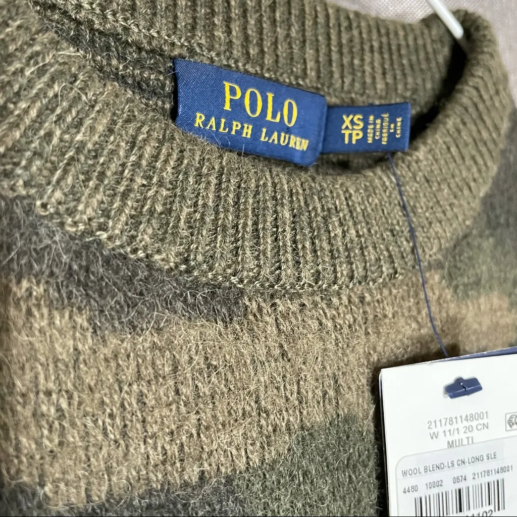 Polo Ralph Lauren Camouflage Print Crew Neck Wool Sweater XS Green - Image 12