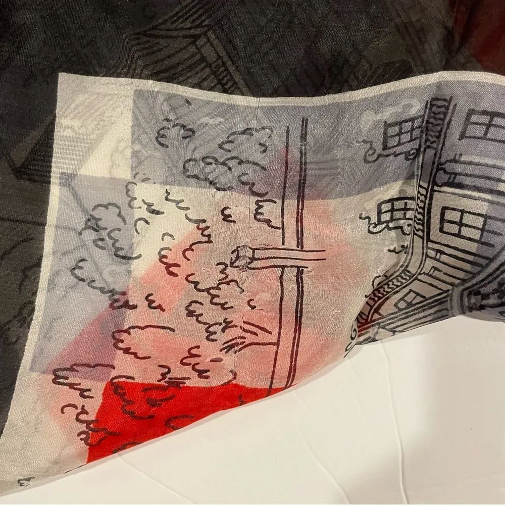Gorgeous silk vintage made in Japan checkered city scape scarf Red - Image 10