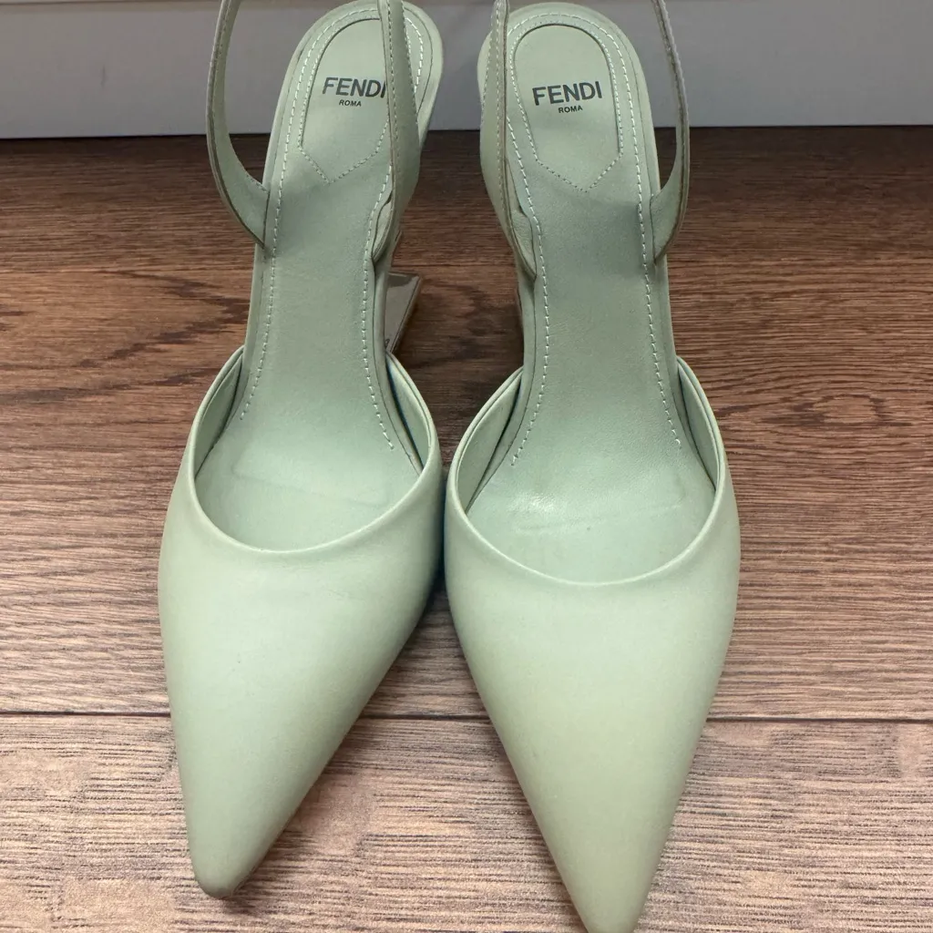 Fendi  Green Slingback Heels with Silver Accents - Image 3