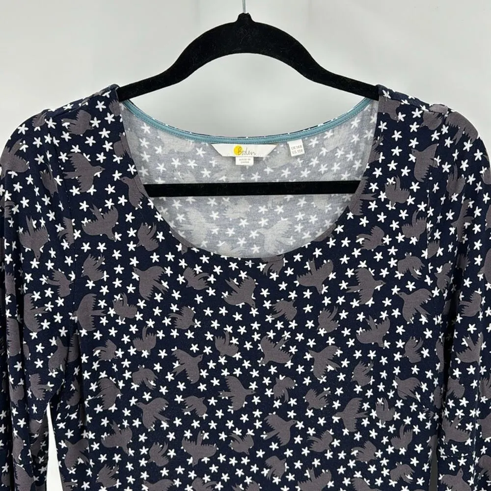 Boden Dress Navy Blue Gray Birds Bell Sleeve Stretch star novelty print size 10 - Image 4
