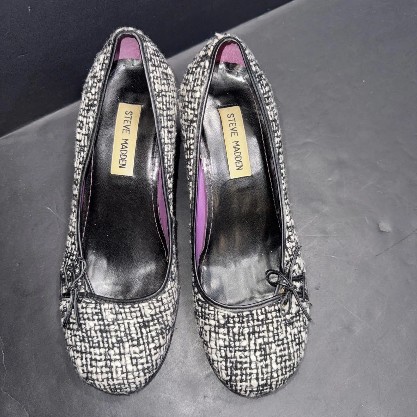 Steve Madden Violet Style Black Y2K Vintage Boucle Bow Cap Toe Kitten Heels 8B - Image 2