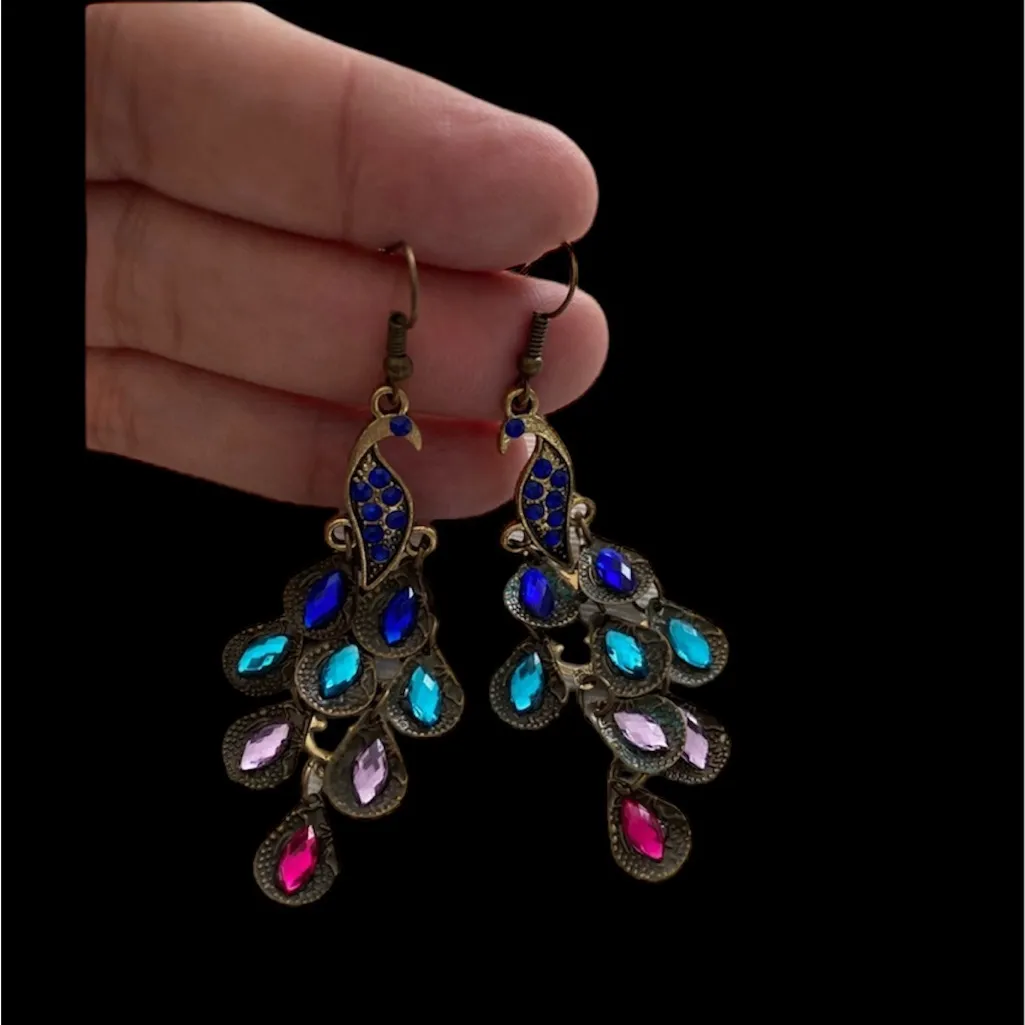 Vintage Style Peacock‎ Design Colorful Shiny Rhinestone Inlaid Dangle Earrings - Image 4