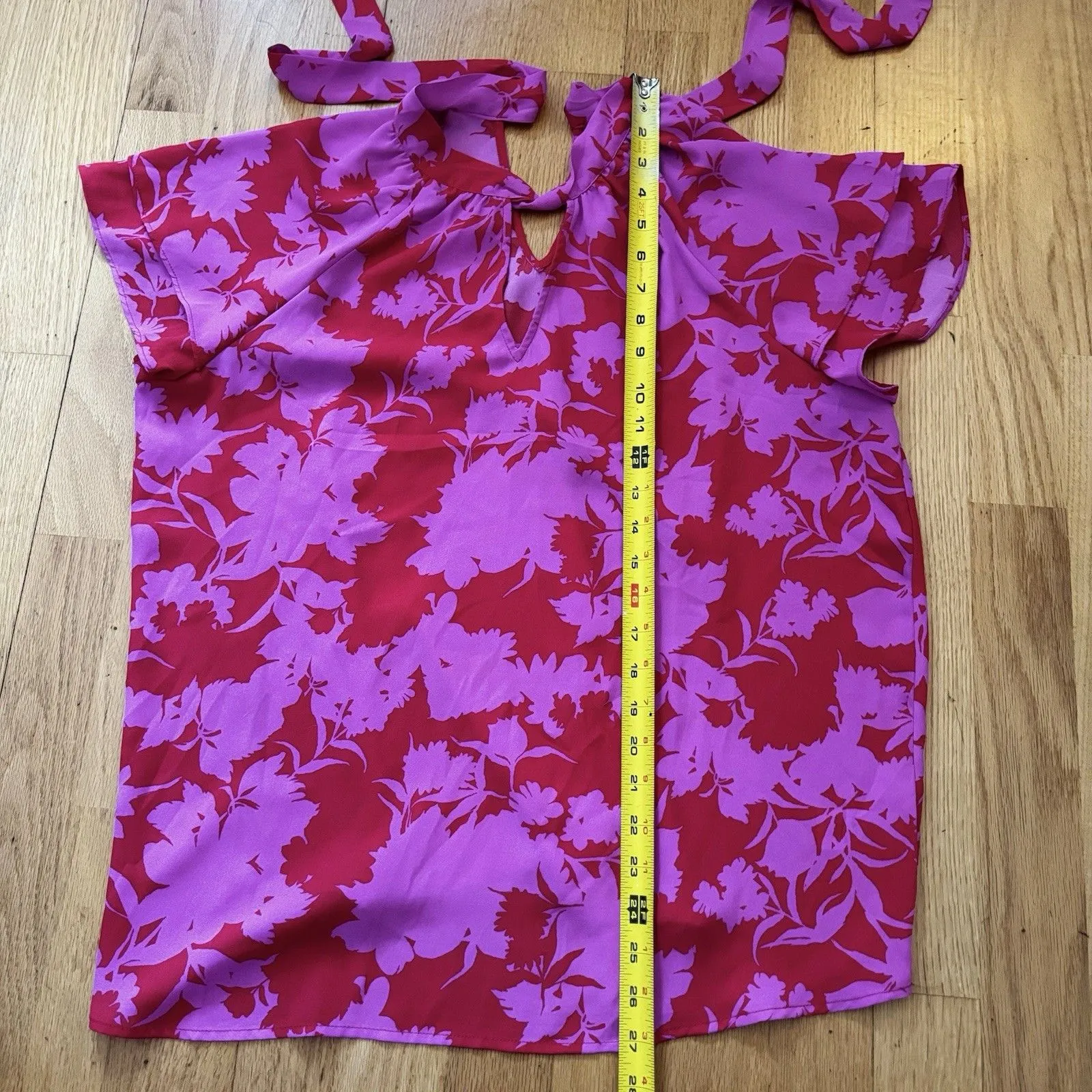 Pleione Women's Floral Blouse Tie Back Flutter Pink XL EUC Retro Spring Resort - Image 8