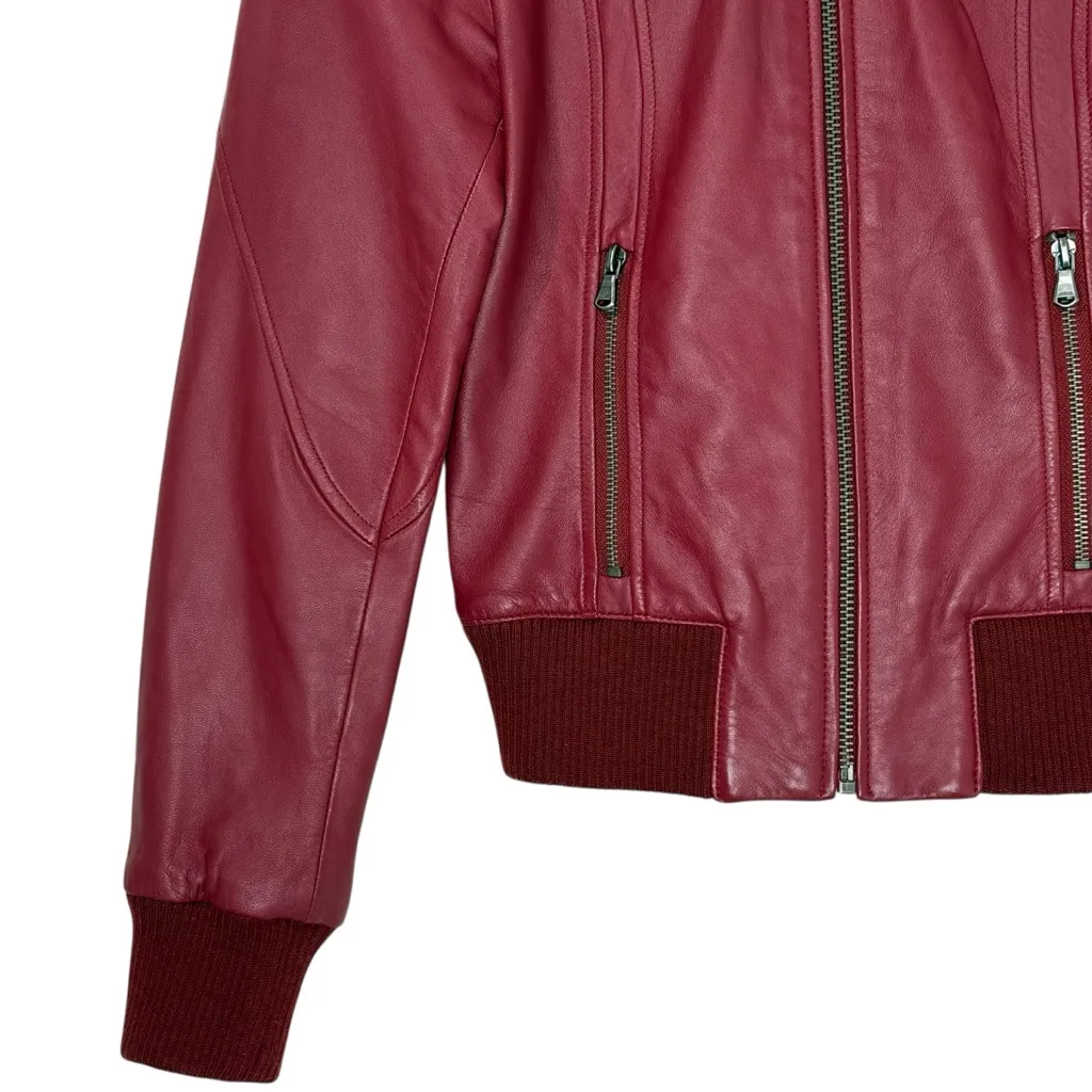 Vintage Y2K Guess 100% Leather Deep Red Burgundy Bomber Jacket Knit Trim Size XS - Image 5