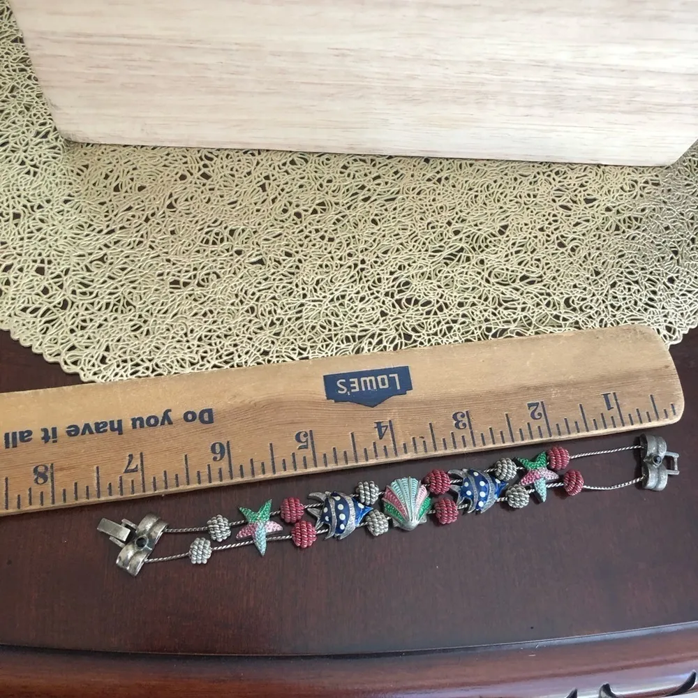 Vintage Slide Bead Silver Tone Metal Enamel Fish Shells Charm Beach Bracelet - Image 3