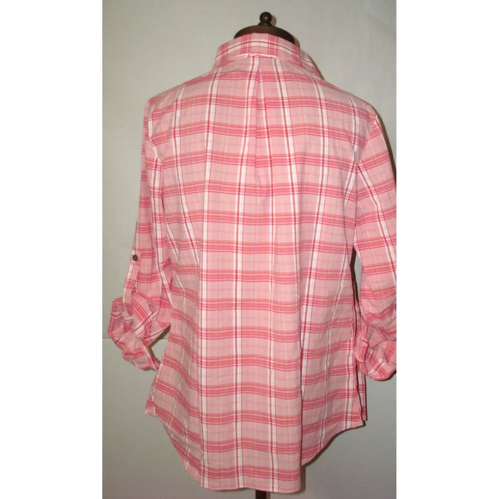New Womens NWT Prana M Bronwyn Pink Top Plaid Organic Casual Button Down UPF 30 - Image 2