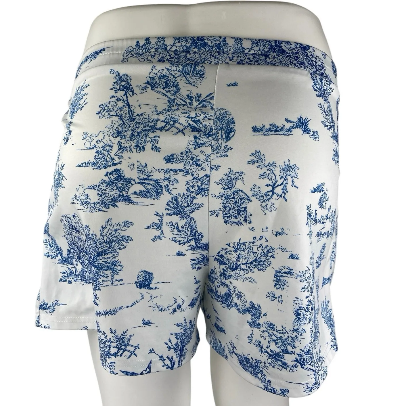 Yozy Blue White Scenic Print Pleated High Rise Mini Wide Leg Casual Shorts Sz L Size L - Image 2