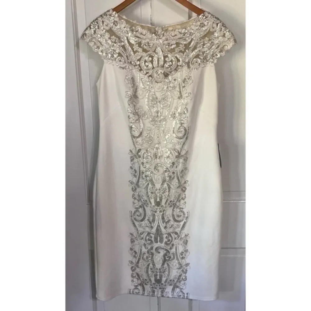 Tadashi Shoji Mayu Sequin Embroidered Silver Ivory Knee Length Formal Dress XL - Image 5