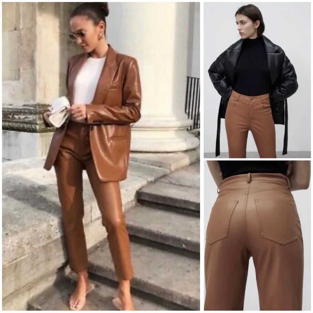 Zara High-Waisted Faux Leather Mom Fit Pants in Camel - Image 3