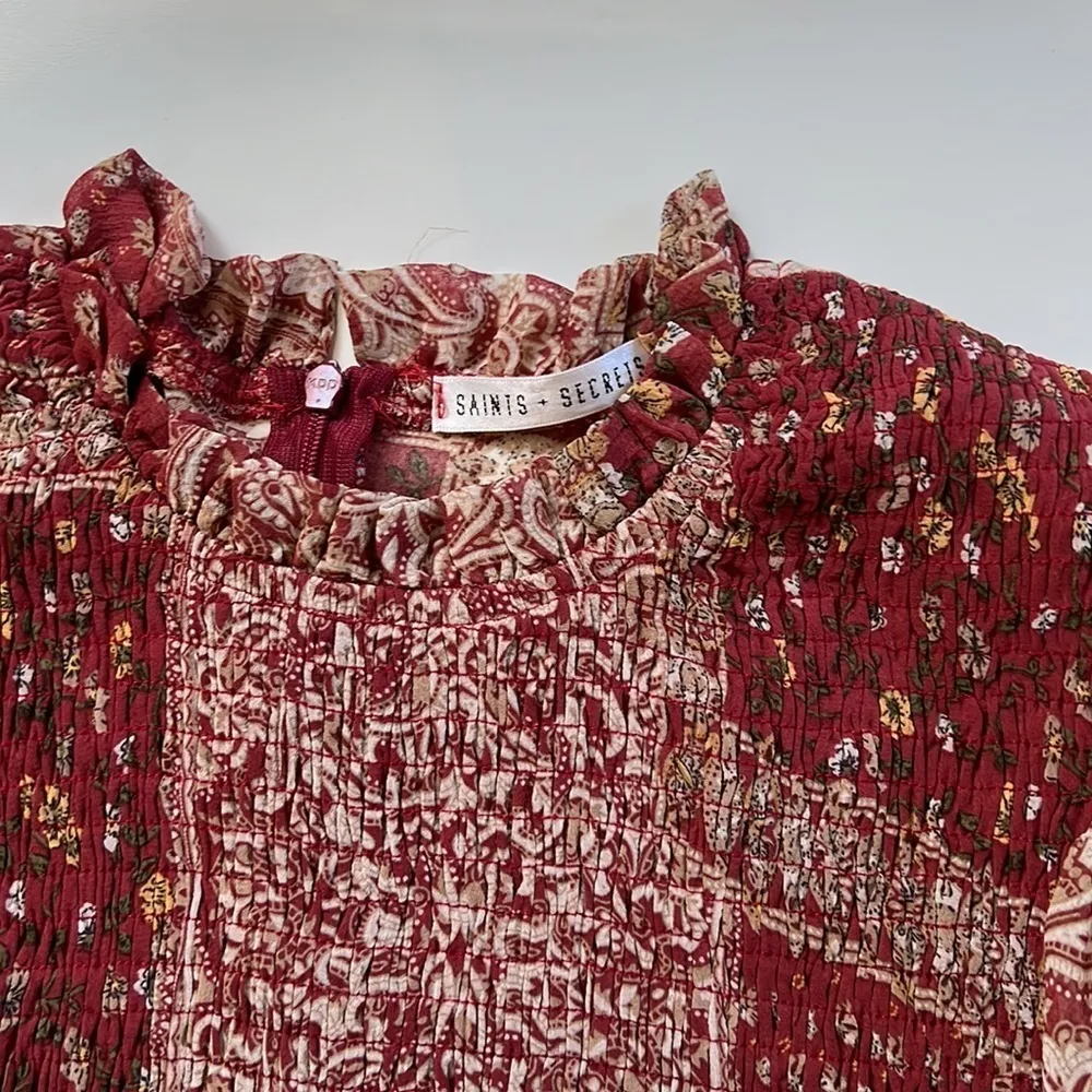 Saints and Secrets Floral Mini Dress Small Balloon Sleeves Patchwork Flounce - Image 9