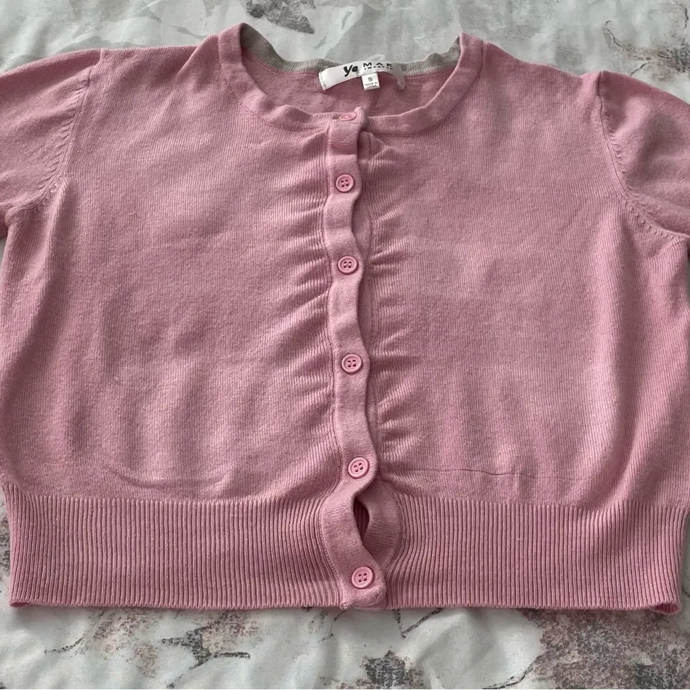 Ye Mak pink button front cropped cardigan sweater, size S Barbiecore boho school - Image 13